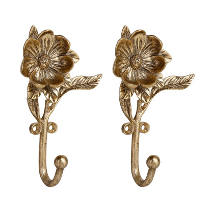 SOFFEE DESIGN 2PCS Golden Flower Metal Hooks, Heavy Duty Coat Hanger for Entryway Bathroom Living Room, Vintage Style Robe Hook