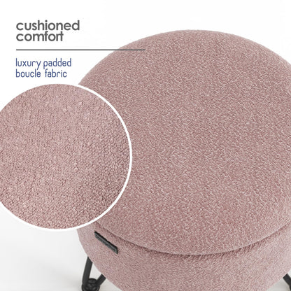 STORAGEBUD Round Ottoman with Storage, Boucle Storage Ottoman, Foot Stool Ottomans, Makeup Vanity Stool, Small Ottomans Foot Rest, Modern Vanity Stools for Living Room and Bedroom, Pink