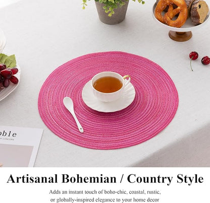 SHACOS Round Placemats Set of 4 Round Table Placemats Braided Cotton Place Mats 15 inch for Kitchen Dining Table Holiday Party (Hot Pink, 4)