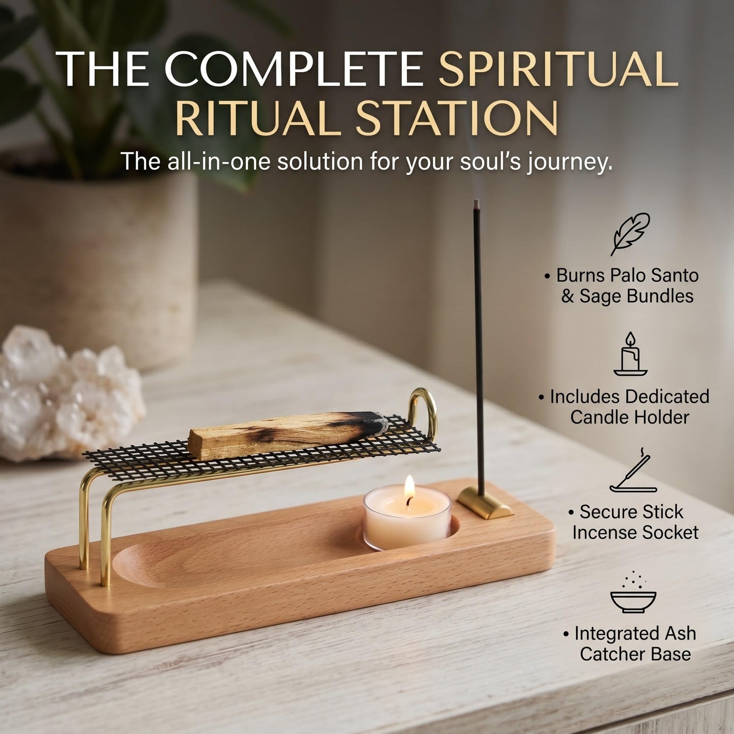 4 in 1 Incense Holder for Sticks, Palo Santo and Sage Holder, Wooden Incense Burner with Ash Catcher, 2 in 1 Incense and Candle Holder, Unique Incense Stick Holder for Yoga Meditation Decor