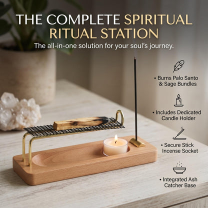 4 in 1 Incense Holder for Sticks, Palo Santo and Sage Holder, Wooden Incense Burner with Ash Catcher, 2 in 1 Incense and Candle Holder, Unique Incense Stick Holder for Yoga Meditation Decor