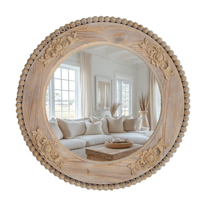 sawsile Round Wood Mirror,24 inch Circle Rustic Farmhouse Natural Wooden Frame Boho Beads Wall Mirror for Bathroom,Living Room,Bedroom or Entryway