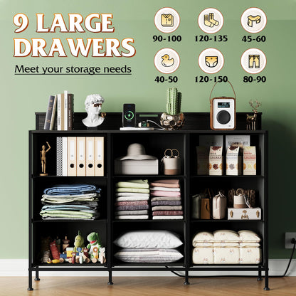 WLIVE Black Dresser TV Stand for 45, 50, 55 inch TV, Entertainment Center with LED Lights & Charging Station, Chest of drawers with 9 Fabric Drawers and Open Shelves for Living Room, Hallway, Wood Top