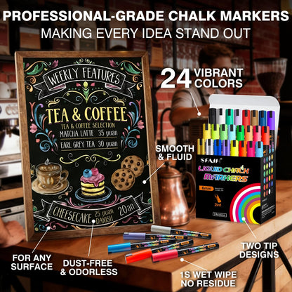 SFAIH 24 Vibrant Chalk Markers for Blackboard [1s Wet Wipe] - No Residue, 6mm Chalk Markers for Chalkboard Calendar, Glass, Window, Menus, Labels, Signs, Car, Non-Toxic, Ideal for Bistro Home