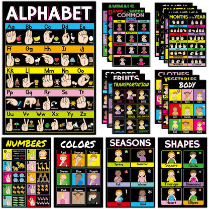 gisgfim 18 Pieces ASL Poster America Sign Language Poster ASL Study Charts for Classroom Education Posters Sign Language for Primary School Toddlers Kids Students Classroom Decor (Black)