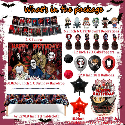 Taeku Horror Birthday Party Decorations – 50 Pcs Halloween Theme Kit with Banner, Balloons, Cake Toppers, Backdrop & Tablecloth – Scary Party Supplies for Kids & Adults