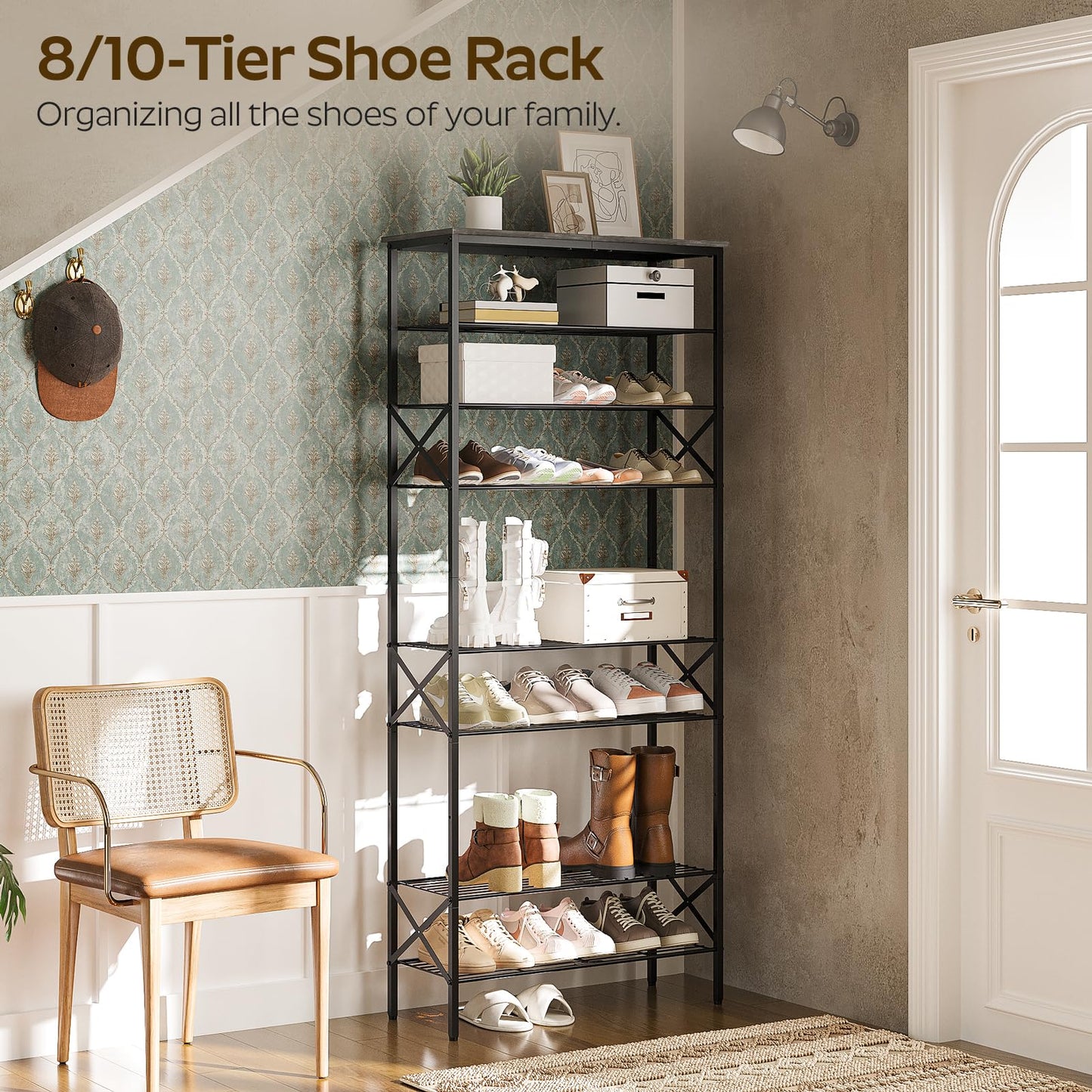 YATINEY 10 Tier Shoe Rack and 4 Tier Shoe Rack, Large Capacity Shoe Storage Organizer, Metal Shoe Shelf with Drawer and Wooden Top, for 16 Pairs of Shoes, for Entryway, Closet SS10BCG1-SS24BR