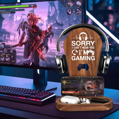 CryCarrot Gamer Gifts for Men Teenage Boys Birthday Fathers Day, Headphone Stand Gaming Birthday Gifts for Him Men Son Boyfriend Brother, Gamer Lovers Room Decor Stuff Wooden Headset Holder