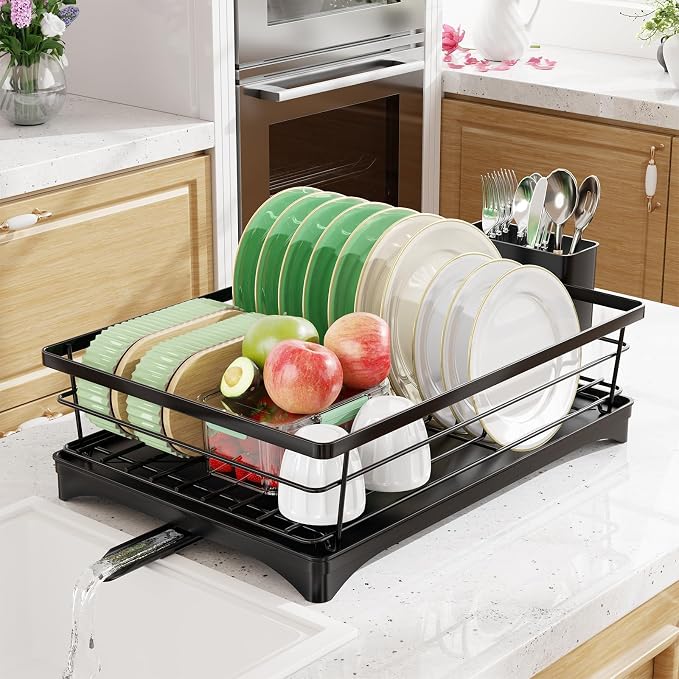 Simple Trending Dish Drying Rack, Space-Saving Dish Rack for Kitchen Counter, Stainless Steel Dish Drainer with Cutlery Holder and Drainboard, 12''W x 17''L, Black