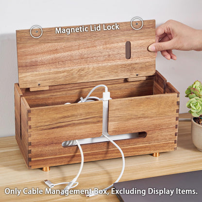 SARUFO Acacia Wood Cable Management Box - Wooden Cord Hider with 4 Metal Feet, Organizer for Desk & Floor, Power Strip TV Wire Concealer, Under Desk Storage for Office, Home Electrical Cables