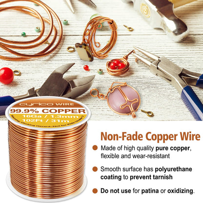 99.9% Pure Copper Wire, 16 Gauge 102 Feet Solid Copper Wire for Jewelry Making Crafts, Electroculture Gardening Antenna, Cyrico Bendable Soft Wire for Plants