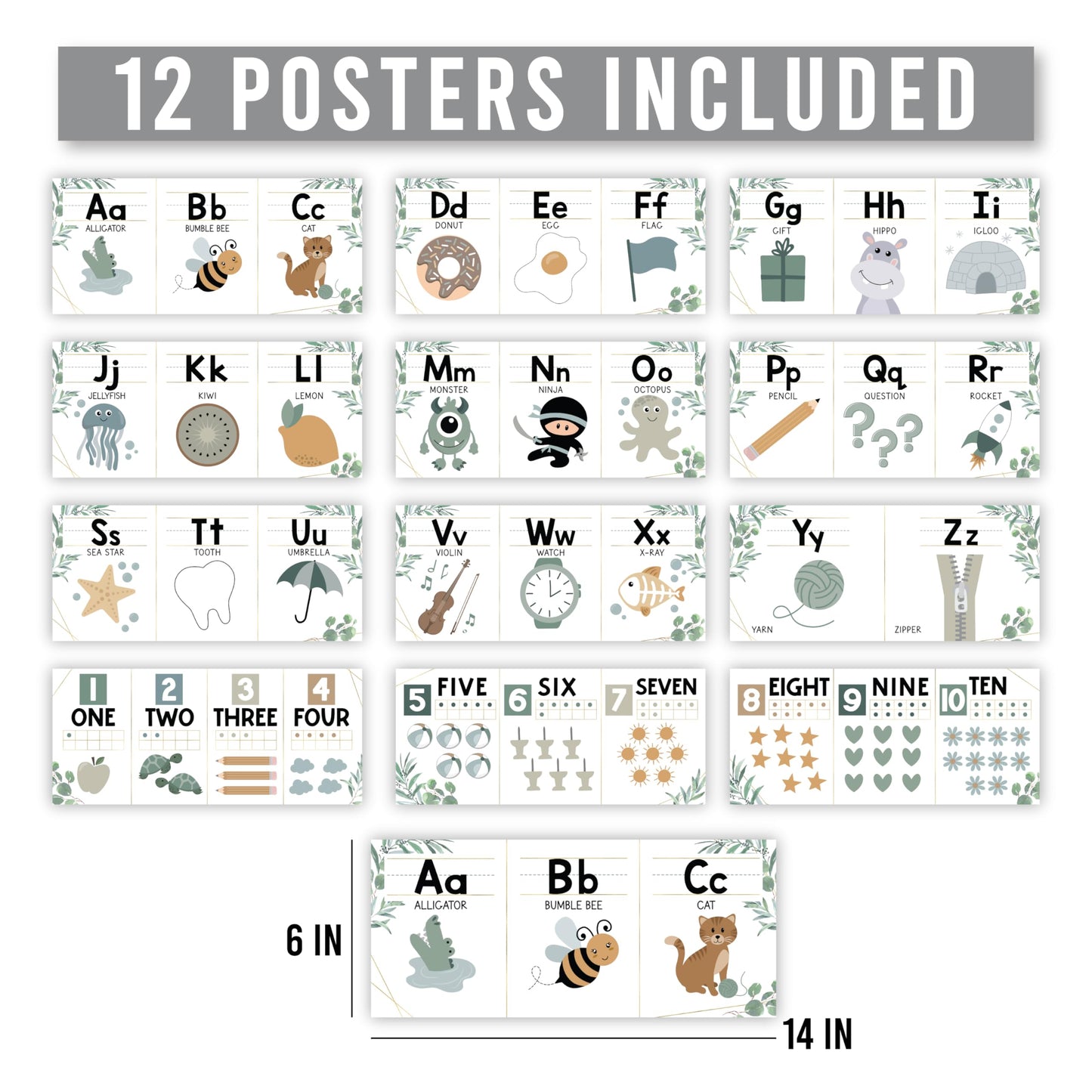 Hadley Designs Alphabet for Classroom Wall Decor - ABC Posters for Classroom Wall Chart Preschool & Kindergarten, ABC Letters & Number Line Elementary, Alphabet Cards, Greenery Classroom Decor