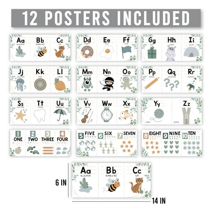 Hadley Designs Alphabet for Classroom Wall Decor - ABC Posters for Classroom Wall Chart Preschool & Kindergarten, ABC Letters & Number Line Elementary, Alphabet Cards, Greenery Classroom Decor