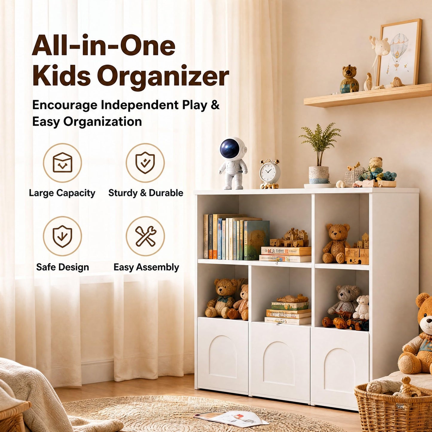knoworld Toy Storage Organizer,Kid Bookshelf with 5 Cubbies+3 Roll Out Drawers with 360° Wheels, 15mm Thick Wooden Toy Box, Gift-Ready for Kid, Playroom Daycare Living Room, White (39" W)