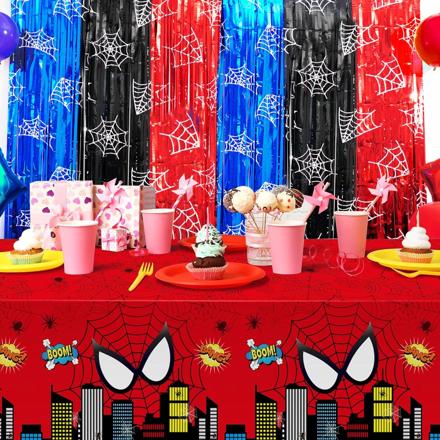 Spider Birthday Party Decoration, including 2Pack Spider-web Printing Foil Fringe Curtains, 1pack Spider Themed Birthday Banner & Balloons for Spide-party Photo Booth Props Streamers Backdrop Decor