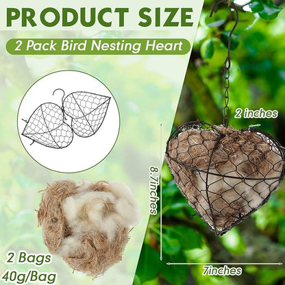 Menkxi 2 Pcs Bird Nesting Material, Hummingbird Nest Gift Enjoy Birds Gardening Outside Cute Decor Refillable Nesting Gift for Bird Lovers, Spring Garden Decoration Gifts (Heart Shaped)