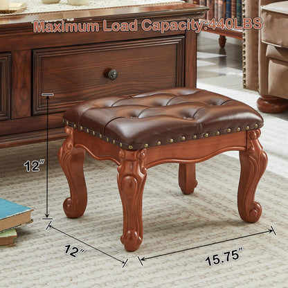KUKEJCM Foot Stools Ottoman, Small Vintage Leather Footstool for Living Room, Solid Wooden Ottoman Foot Rest,Shoe Change Bench at the Entrance (Warm Brown)