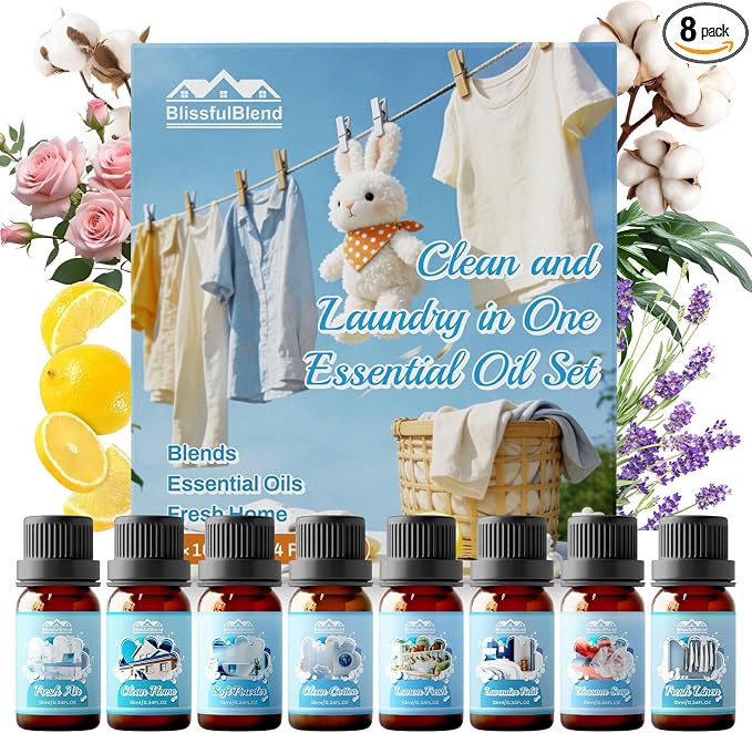 Diffuser Fragrance Oils, Essential Oils for Diffuser for Home, 8x10ml Clean and Laundry Set, Clean Scents for Candle & Soap Making, Fresh Linen, Clean Cotton, Lavender Field, Lemon Fresh, Blossom Soap
