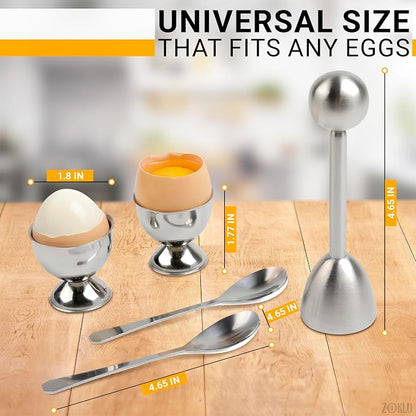 Egg Shell Opener Set – 2 Pcs Egg Cups for Soft Boiled Eggs & 2 Pcs Spoons, Rust-Resistant Stainless Steel, Fits Most Eggs Sizes - Ergonomic Design, Adjustable Effort for Effortless & Precise Cracking