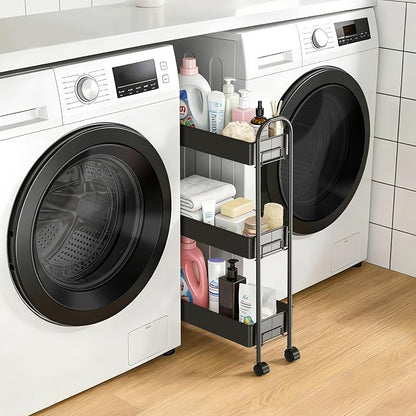 Slim Rolling Cart, Metal Frame Utility Rolling 3-Tier Narrow Storage Cart with Handle Kitchen Storage Organizer, Mobile Shelving Unit for Bathroom Kitchen