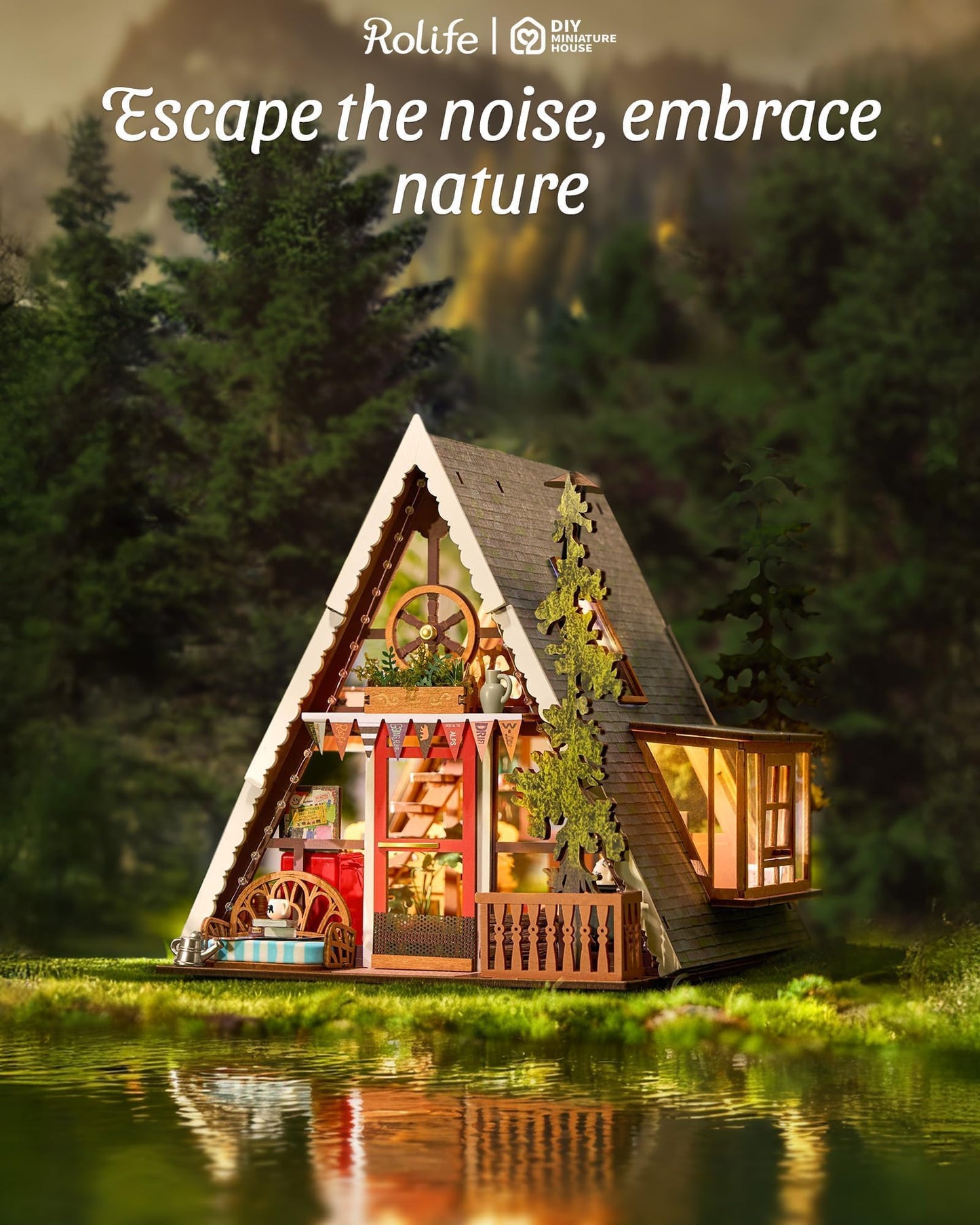 Rolife DIY Miniature House Kit A-Frame Cabin, 3D Wooden Puzzle Tiny House with Openable Skylight for Teens & Adults, Cozy Forest Cabin Décor, Creative Gift for Birthday & Holidays