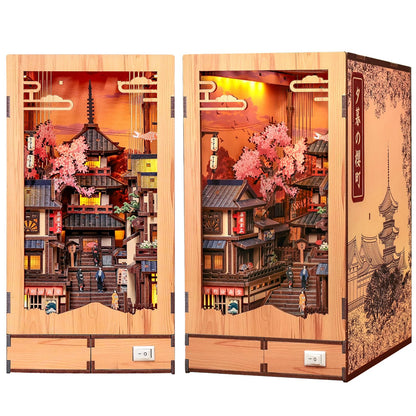 Cutefun Book Nook Kit - DIY Miniature Kyoto House Kit, 3D Wooden Puzzle 400+ Pcs Japanese Bookshelf Decor Bookend with LED, Fold-Out Cherry Blossom Alley Insert for Adults (Twilight Sakura Path)