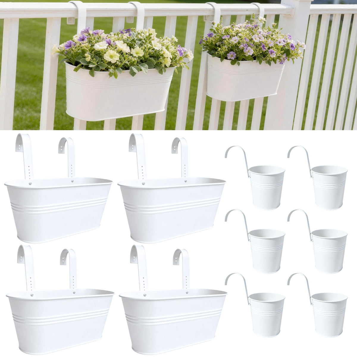 LaLaGreen 11.8 Inch Rail Planter (10-PIECE Combo Set) White Metal Outdoor Porch Railing Planters, Modern Plants Hanging Fence Balcony Gardening for Apartment Garden Style Iron Patio Flower Pots Deck