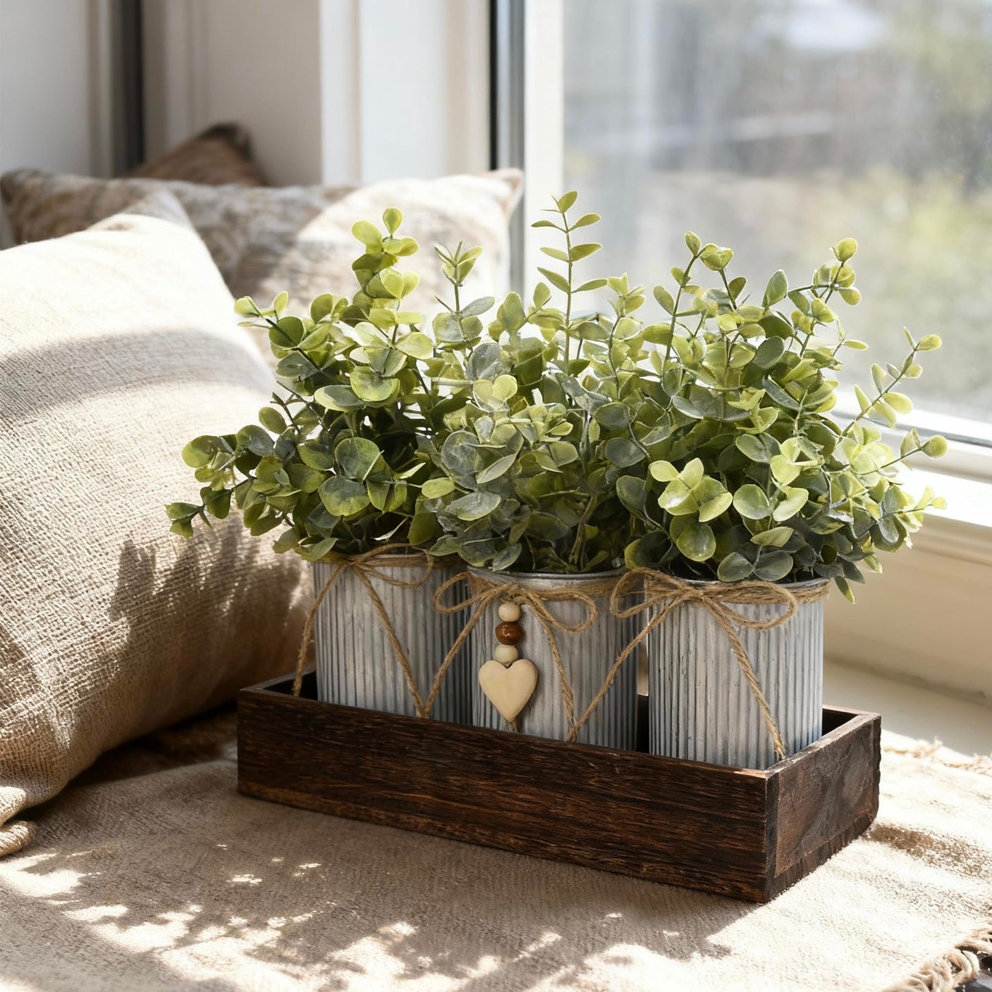 CANCLEAR Rustic Farmhouse 3-Piece Artificial Eucalyptus Centerpiece – Wooden Tray with 3 Galvanized Metal Pots & Faux Greenery – Table Decor for Dining Room, Kitchen, Living Room, Bathroom, Office