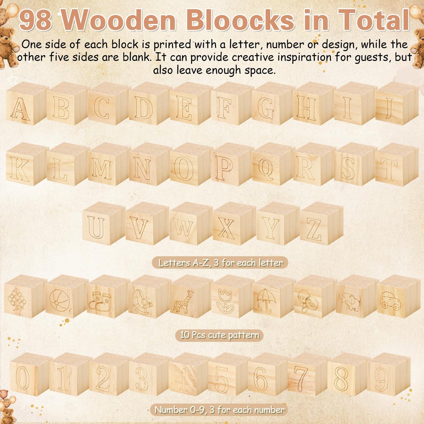 Marsui 136 Pcs Baby Shower Blocks to Decorate Game Kit Includes 98 Wooden Blocks, 36 Markers, 1 Game Sign, 1 Storage Box for Baby Shower Gender Reveal Activity Party Decorations(Brown Bear)