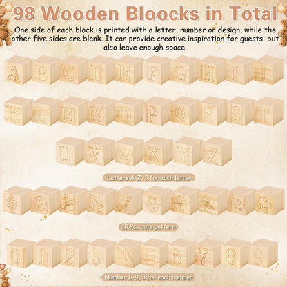Marsui 136 Pcs Baby Shower Blocks to Decorate Game Kit Includes 98 Wooden Blocks, 36 Markers, 1 Game Sign, 1 Storage Box for Baby Shower Gender Reveal Activity Party Decorations(Brown Bear)