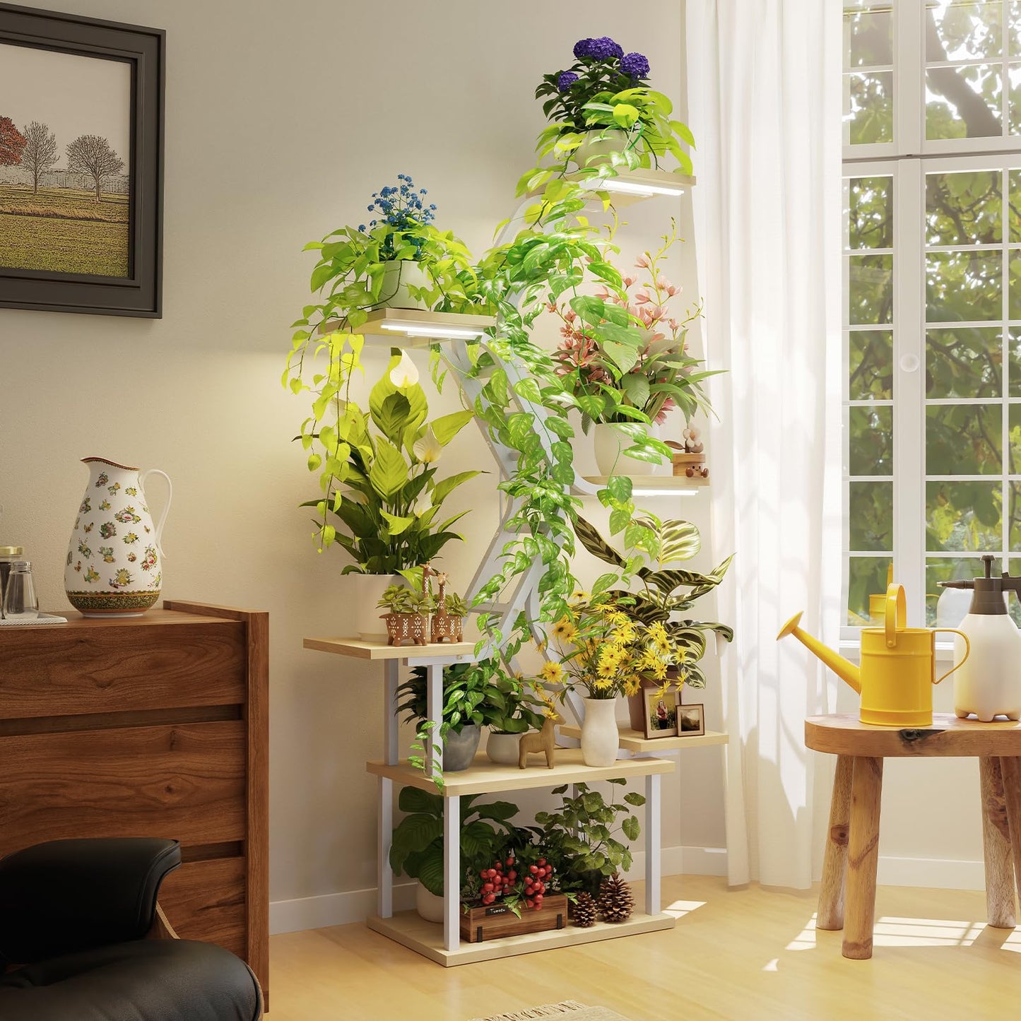 MemoCastle White Plant Shelves with Grow Lights: 7-Tier 65" Tall Modern Plant Stand for Indoor Corners, Living Room Display or Bedroom Gardening Rack