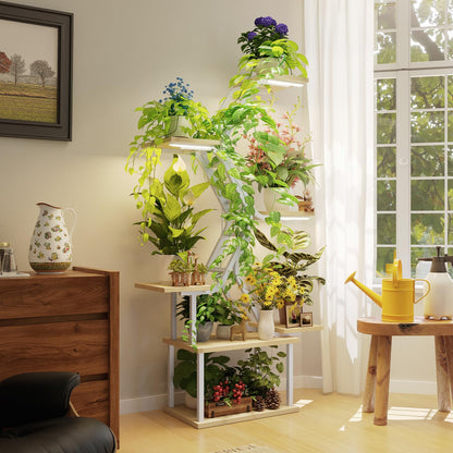 MemoCastle White Plant Shelves with Grow Lights: 7-Tier 65" Tall Modern Plant Stand for Indoor Corners, Living Room Display or Bedroom Gardening Rack