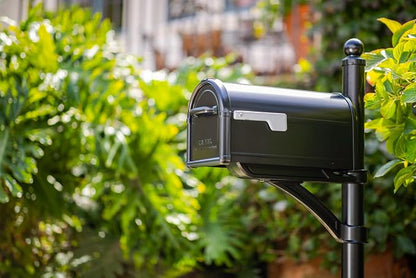 Architectural Mailboxes Hillsborough Post Mount Mailbox, Black, Large | Galvanized steel build for outside with rust-resistant powder-coat finish and a magnetic door closure. USPS approved.