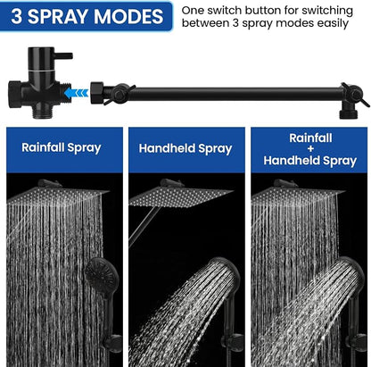 Shower Head, 12‘’ High Pressure Rainfall/Handheld Shower Combo with 11'' Extension Arm, 9 Settings, Anti-leak Shower Head with Holder, Height/Angle Adjustable, Matte Black