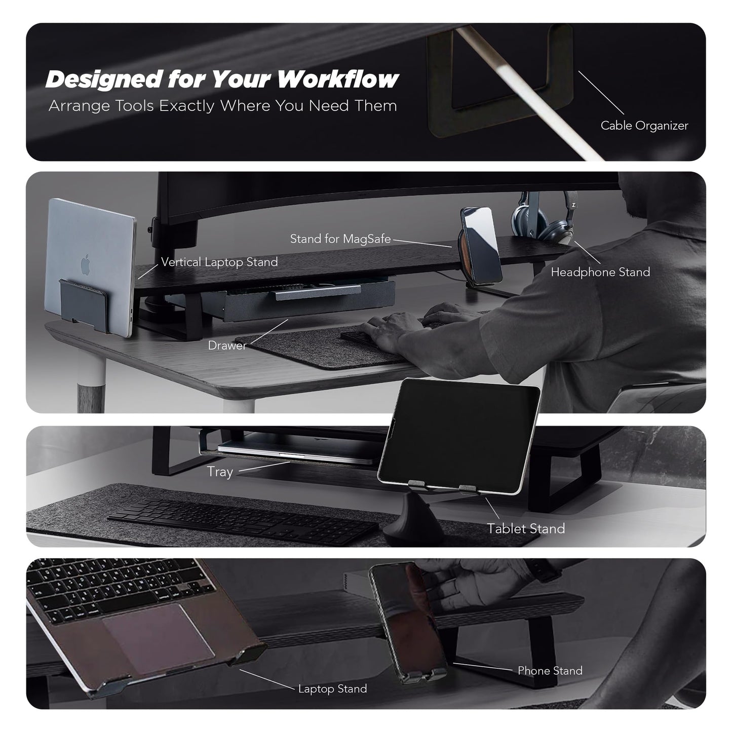 ULTRARM Moodular Wooden Monitor Stand 33.4” (85cm) Desk Organizer with Metal Slide Rails for Drawer, Tray, Laptop, Tablet, Phone & Headphones Customizable Riser for Organized Workspace Oak MS85-O