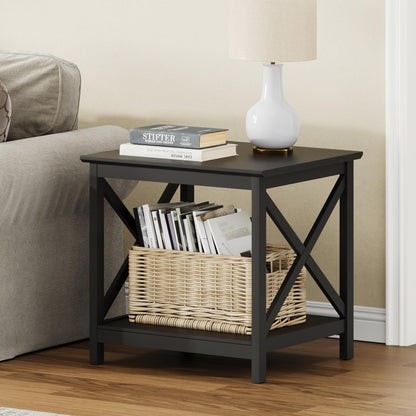 ChooChoo End Table, 24 Inch End Table with 2-Tier Storage Shelf, Side Table for Living Room, Wood Nightstand for Bedroom, Office, Painted Surface, Black