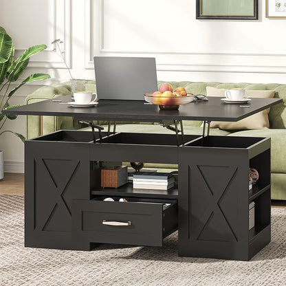 kepptory 39.4'' Lift Top Coffee Table with Storage, 4 in 1 Multi-Function Convertible Coffee Tables for Living Room, Farmhouse Coffee Table with Open Storage Compartment & Drawers (Black)