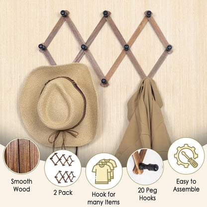 Wooden Expandable Accordion Wall Hanger,2 Pack Including 20 Peg Hooks,Perfectly Hook for Coats, Mugs,Coffee, Coat,Keys, Hat Rack,X Shap,Make Living Room Decorative and Neat,Rustic Style (Brown)