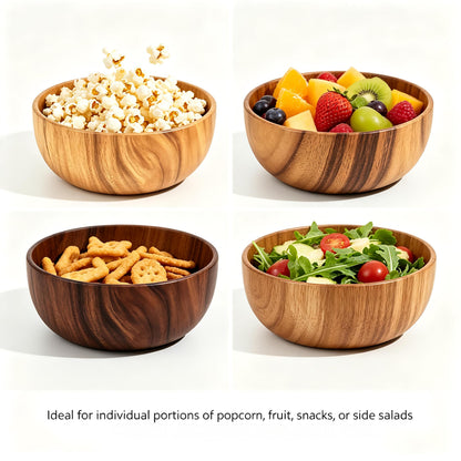 Acacia Wood Bowls, Natural Wooden Salad Bowls for Serving, Food-Safe Wood Bowls for Fruit, Popcorn, Snacks, Cereal, Nested Wooden Serving Bowls for Kitchen, Party, Daily Use
