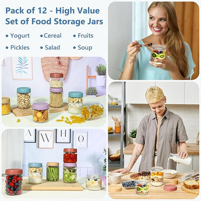 KEYWING 12 Pack Overnight Oats Containers With Lids, 16 oz Wide Mouth Mason Jars with Airtight Lids, Meal Prep Containers Food Storage Glass Jars in Bulk for Snack Yogurt Salad Spice Cereal
