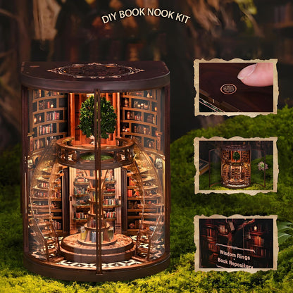 Ahilmrn Book Nook Kits for Adults Fantasy 3D Puzzle Library Booknook Kit with Dust Cover Wisdom Book Repository Round Bookshelf Decor Wooden DIY Spiral Staircase Miniature Dollhouse Book House