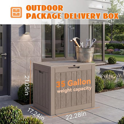 35 Gallon Package Delivery Boxes for Outside, Resin outdoor storage bin with a wood-grain pattern, Storage Cabinet for Parcel Shipping & Storage