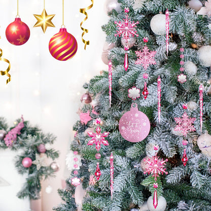 Cinnvoice 24 Pcs Christmas Pink Acrylic Snowflake Ornaments Decoration Set, Crystal Christmas Tree Hanging Pink Clear Flat Ornaments for Xmas Winter Holiday Craft Party Celebration