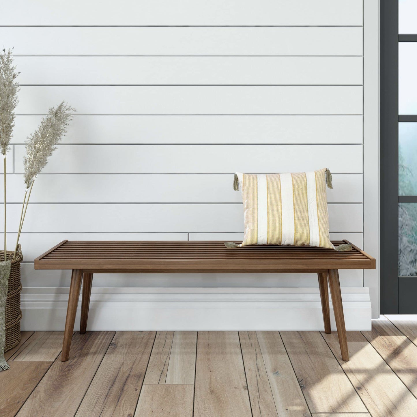 Plank+Beam Entryway Bench, Wooden End of Bed Bench for Bedroom, Mid-Century Modern Square Bench for Hallway, Living Room, Indoor, Porch, 56.25", Walnut