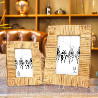 HUAXIN CRAFT H Rattan 4x6 Picture Frame, Boho Photo Frame, Cany Coastal Frame Stand Table Top Desk, High Definition Galss (4x6)