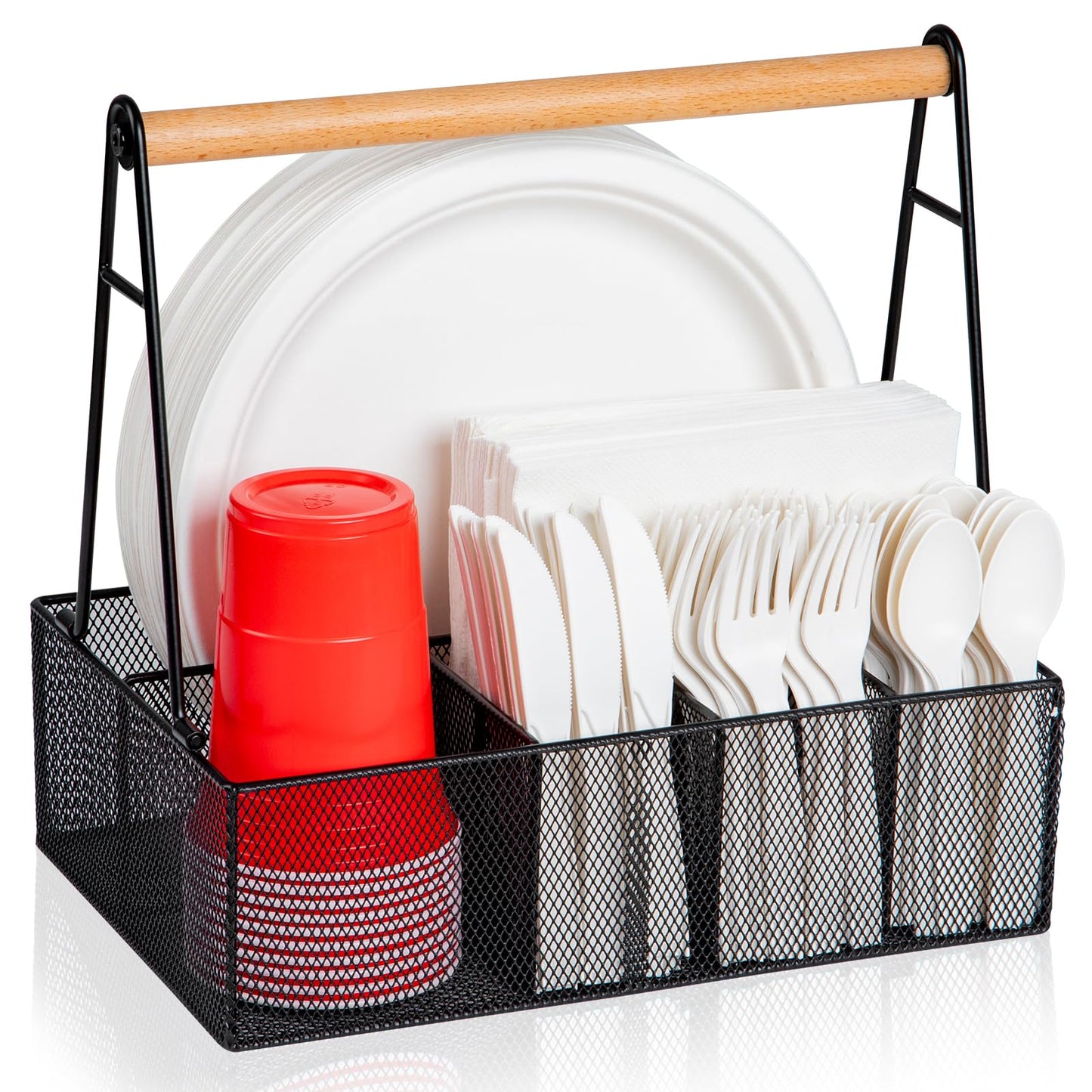 Paper Plate Organizer with Handle for Countertop, Metal Silverware Caddy for Cup, Napkin, Fork and Spoon, Paper Plate and Utensil Holder, Cutlery Caddy for Party, Camping, Picnic (Black)
