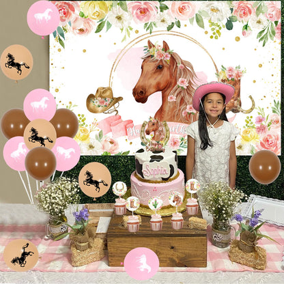 Fangleland Horse Birthday Party Decorations Kit for Girls - Themes Banner & Photo Backdrop, Cake Cupcake toppers, Racing Balloons, Western Cowgirl Happy Supplies