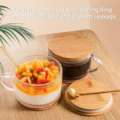 BOICHU Vintage Coffee Mugs Glassware Set of 4-14oz Leak Proof Overnight Oats Containers with Lids and Spoons, Hobnail Glass Cups with Bamboo Lids, Ideal Coffee Bar Accessories Perfect for Drinks, Tea