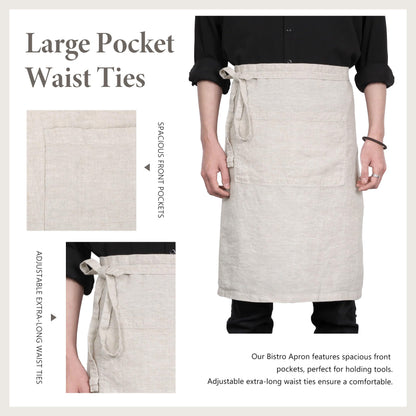 TRITON LINEN Pure Linen Apron - 25 x 35 Inch Bistro Half Apron with Large Pocket Unisex Waist Aprons Ideal for Kitchen Crafts and More (Natural Linen)