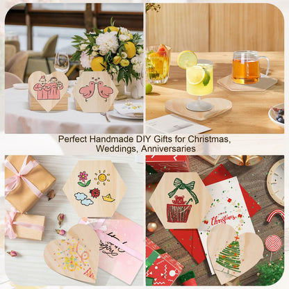 Jurtmy 48 Pcs Unfinished Wood Coasters, DIY Blank Coasters for Crafts,with Non Slip Pad, for Wood Engraving,Painting,Christmas Wedding Home Café Decor (48 Pcs-Hex&Heart)